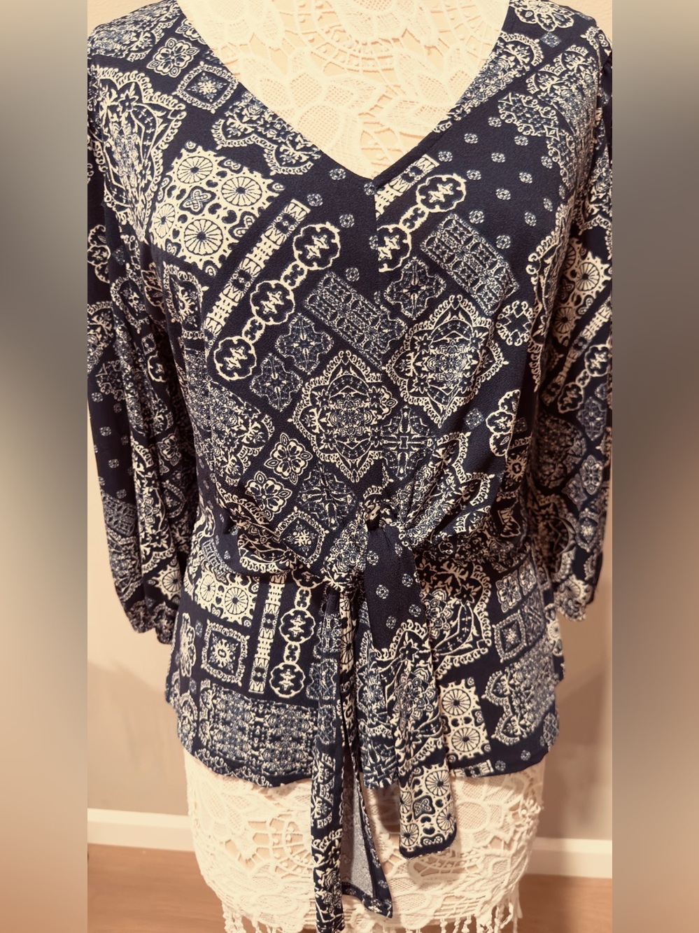 Womens Navy and Cream bohemian style Pattern, cinched waist, long sleeve,